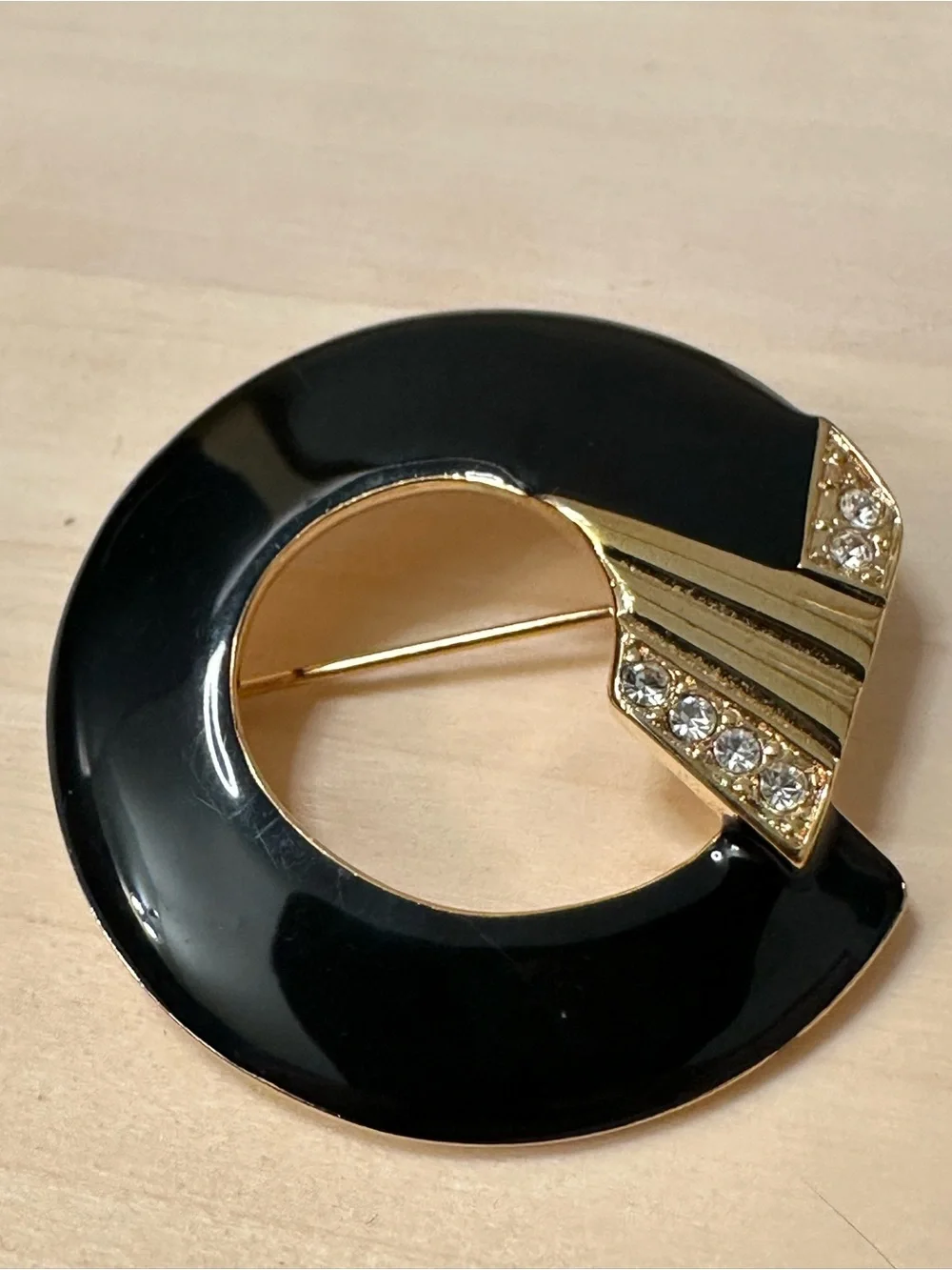 Vintage Monet Black Enamel Rhinestone Art Deco Revival Brooch